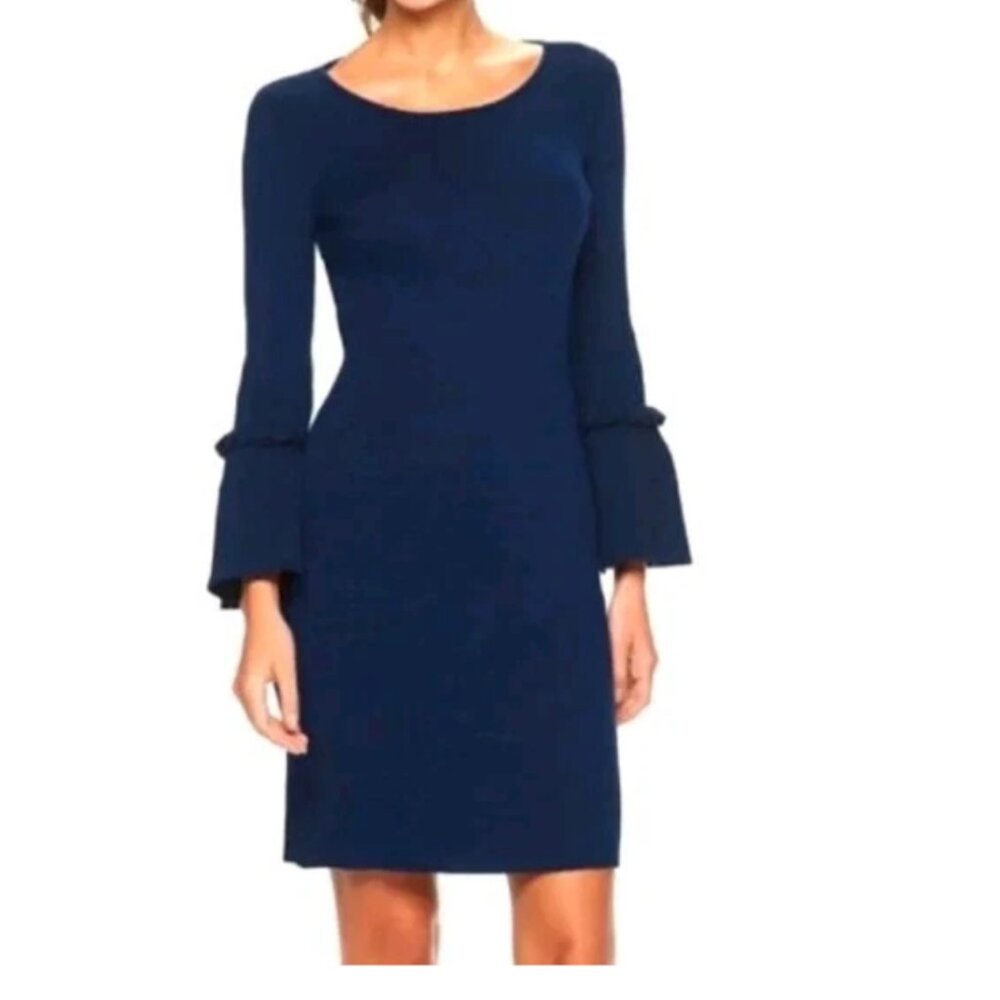 Nina Leonard Ribbed Navy Pleated Bell Sleeve Dress Size L